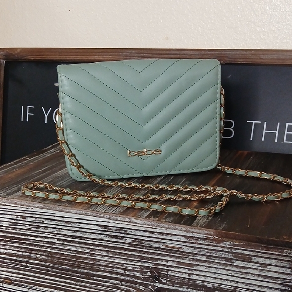 bebe Handbags - Bebe Sophia Pepermint Green Quilted Small Crossbody Bag with Woven Gold Chain